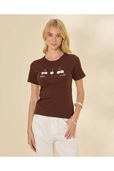 REDTAG Women's Brown Cherry Graphic Print Rib T-Shirt