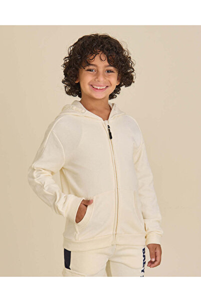 REDTAG Boys Cream Hooded Zip-Up Sweatshirt