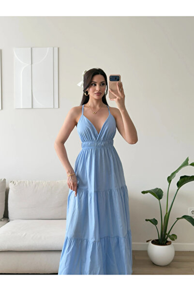 Zoom Butik Sırt Çapraz Askılı Elbise - BEBE MAVİSİ