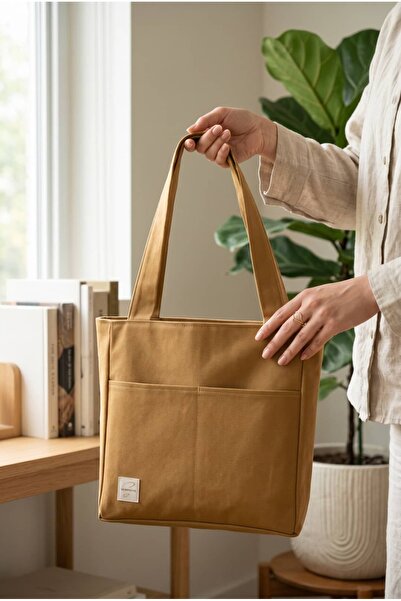 sewingya El Yapımı Camel Renk Pamuklu Kanvas Omuz Çantası