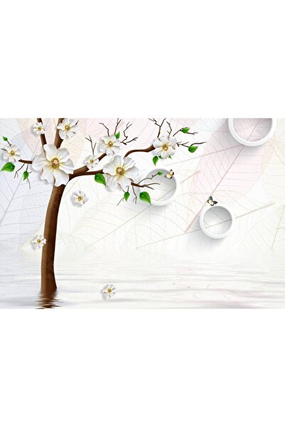 Persona Tablou Canvas, Copacel Cu Flori Albe Si Cercuri 3D- 100 X 70 cm