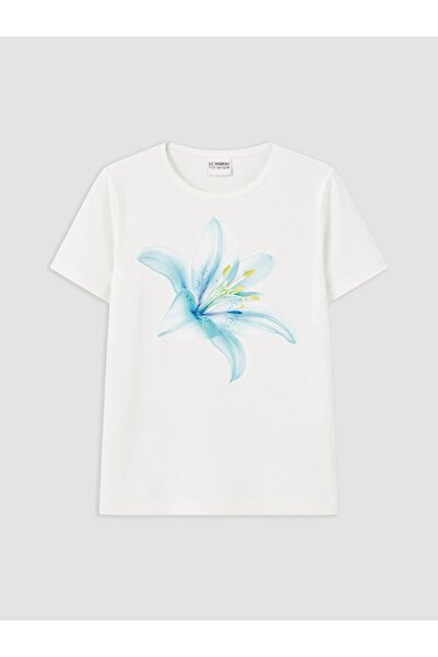 LC Waikiki White Crew Neck Floral Printed Girls' T-Shirt