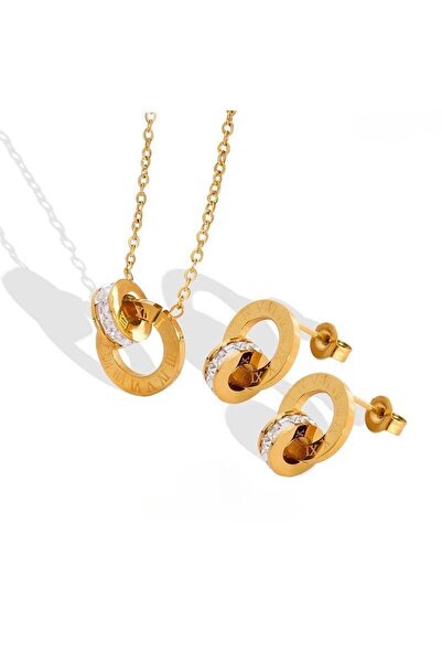 Nevara Women's Gold Necklace and Earring Set with Interlocking Circles and Zi...