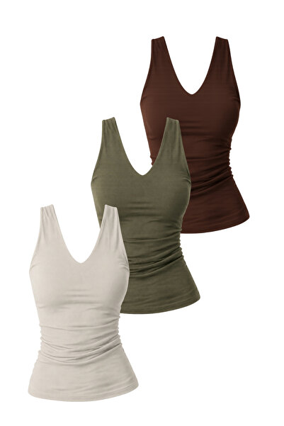 DI LORIA Women's Double Layer Lycra Undershirt Triple Set (95% Cotton) (Brown...