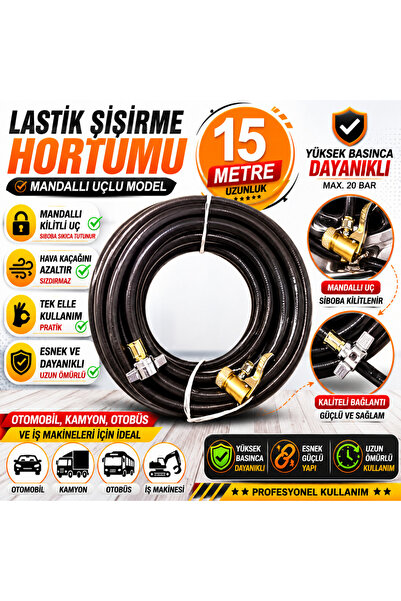 YTO 15 METRE LASTİK ŞİŞİRME HORTUMU MANDALLI UÇLU HAVA HORTUMU KOMPRESÖR HORTUMU