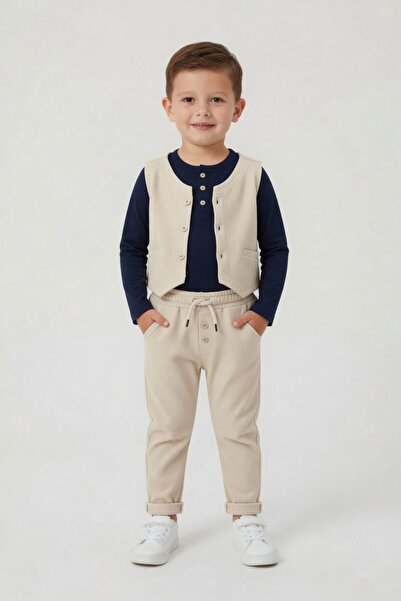 Cansın Mini Beige Boy's 3-Piece Suit with Seersucker Fabric Vest and Trousers...