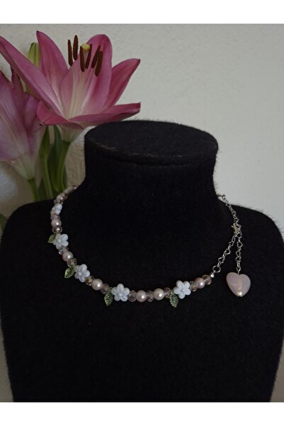 glactuca craft Pink Heart Flower Beads Heart Chain Y Model Bead Necklace