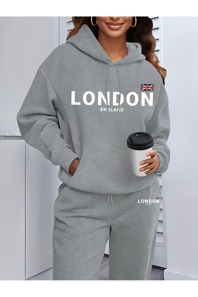 WOODROFFE Set de trening cu glugă supradimensionat, imprimat LONDON, pentru f...