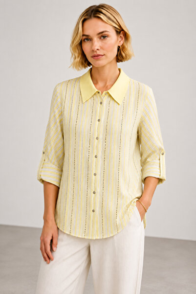 bihan store Women's Striped Stone Detailed Shirt Y26-1166 - Yellow