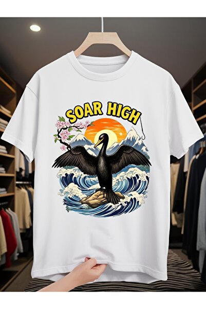 NOURAM تي شيرت Soaring Cormorant للرجال بنمط أمواج المحيط وغروب الشمس، مطبوع ...