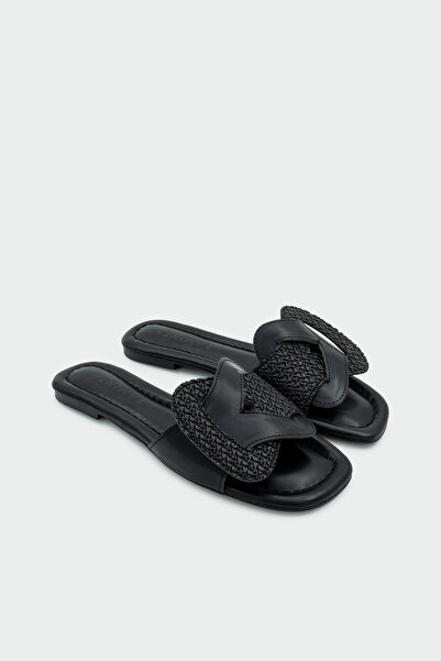 LAMİNTA Marny Asymmetrical Detailed Women's Black Flat Slippers