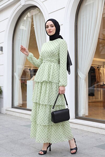 Modamorfo Cross-Tied Layered Skirt Polka Dot Chiffon Dress - Water Green