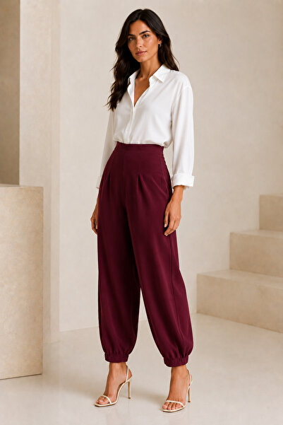 Zilan Koluş Design Pantaloni balon de damă, bordo, cu talie elastică
