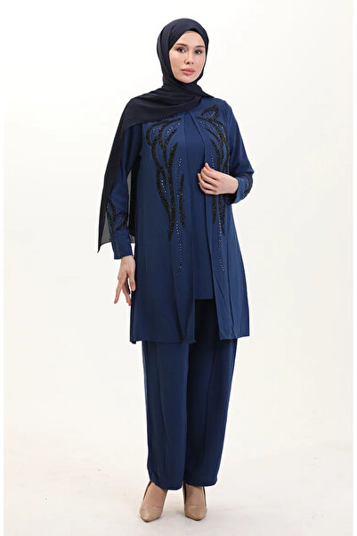 sefamerve Plus Size Stoned Tunic Pants Double Set 6210-05 Indigo