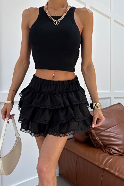 mylove Lace Layered Shorts Skirt Black