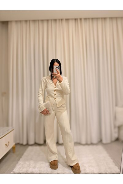 Labien Butik Selanik Kumaş Ön Düğmeli Pantolon Takım – Bej