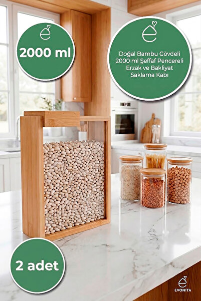 EVONİTA 2000 ml Bamboo Lid Food Container Legume Storage Container Kitchen Or...