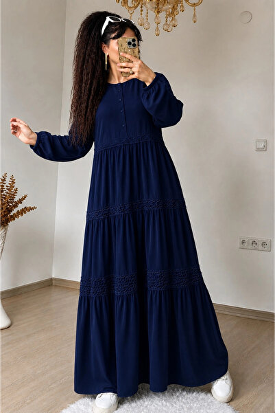 AZRA BUTİK Magnolia Pattern Lace Detailed Dress Navy Blue