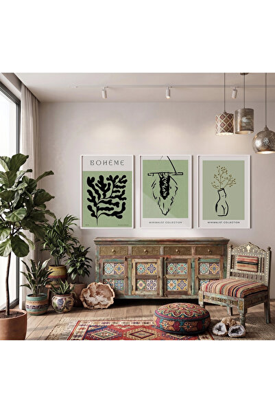 KOLAJTASARIM Set de picturi cu ramă albă, 3 piese, verde, minimalist, boem, p...