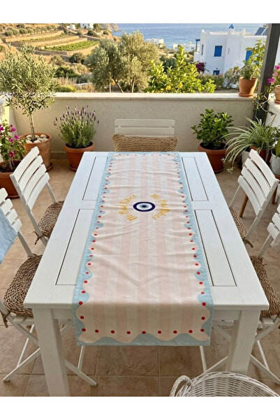 RahanDesign No Bad Vibes Yazılı Nazar Boncuklu Yaz Temalı Runner - 45x145cm -...