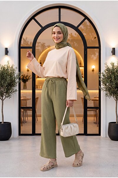 HİJABAYA Lace Detailed Muslin Pants with Pockets and Elastic Waist