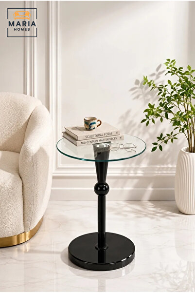 MARIA HOMES Modern Round Glass Side Table with Black Pedestal Base