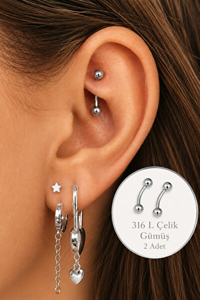 moonzy - minimalist & cozy Rook Piercing 316L Çelik İki Ucu Toplu Kavisli Bar...