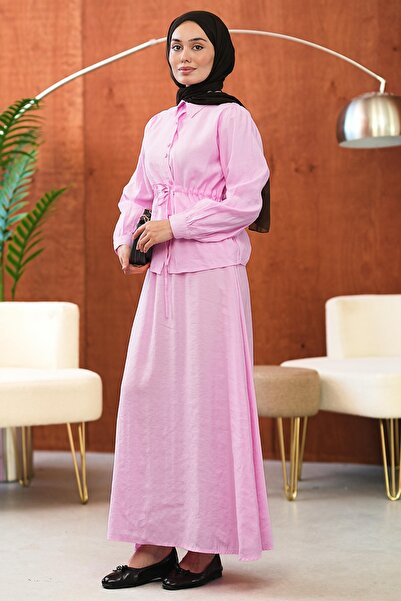 İmajButik Roza set košulje i suknje sa vezanjem u struku