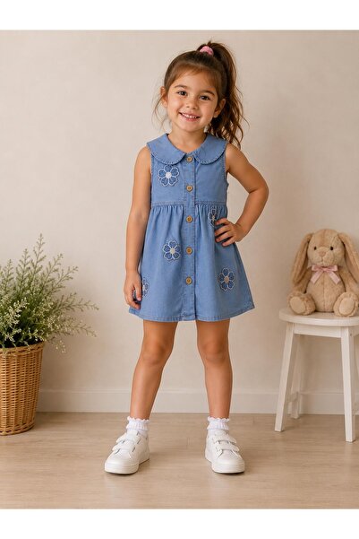 OVRCLUB Girl's Floral Embroidered Thin Denim Dress Buttoned Summer Jeans Dres...