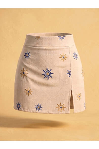 SLAW REZZ Women's Cream Ethnic Embroidered Linen Zipper Mini Shorts Skirt wit...