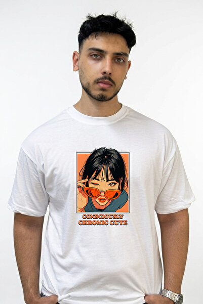 Anetos Anime Goz Kirpan Kiz Design Printed Oversize White T-Shirt