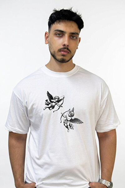 Anetos Cupid Melek_1 Design Printed Oversize White T-Shirt