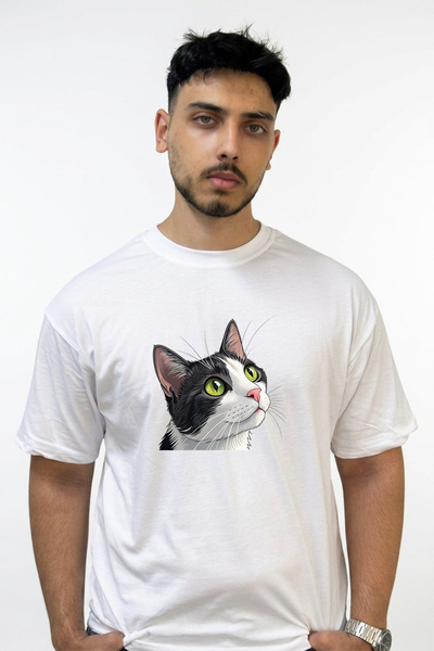 Anetos Tuxedo Cat Design Printed Oversize White T-Shirt
