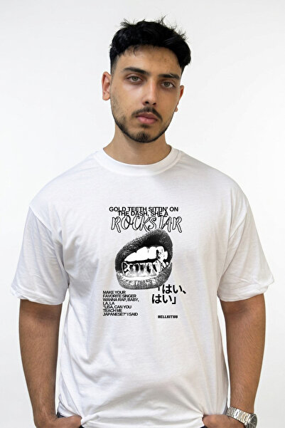 Anetos Gold Grillz Design Printed Oversize White T-Shirt
