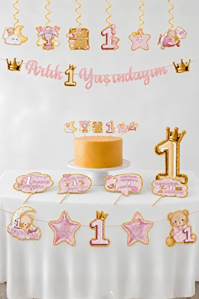 Patladı Gitti 1 Yaş Kız Bebek Parti Seti Pembe Ayıcık Temalı – Artık 1 Yaşınd...