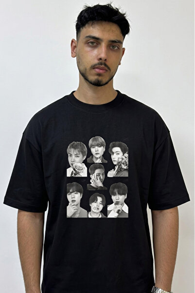 Anetos Bts Kpop Design Printed Oversize Black T-Shirt