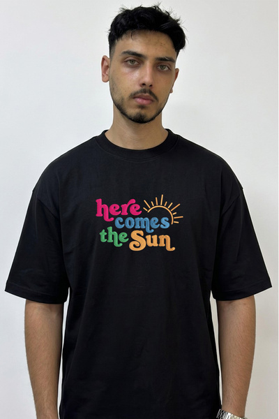 Anetos Sun Song Design Printed Oversize Black T-Shirt