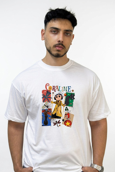 Anetos Coraline Movie Design Printed Oversize White T-Shirt