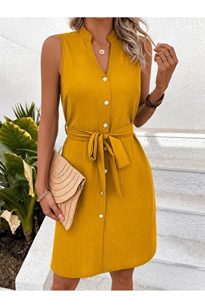 Wear Up Γυναικείο αμάνικο φόρεμα με V λαιμόκοψη, κουμπιά μπροστά και ζώνη στη...