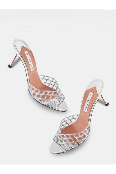 NEW Aquazzura Women's White 75Mm Crystal-Embellished Lattice Mules