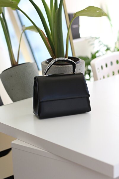 Moom Bag Women's Black Leather Evening Dress Shoulder Bag with Stone Detail