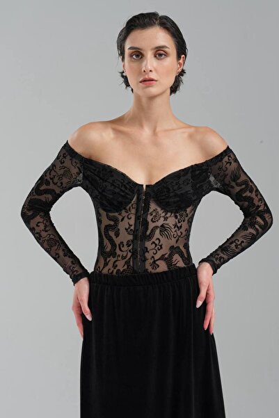 tw3 Women's Long Sleeve Off-Shoulder Flock Print Tulle Detailed Design Corset