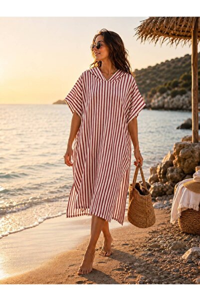 NUNA'S Atelier Nar | Çizgili Panço | Kapüşonlu Plaj ve Havuz Pançosu
