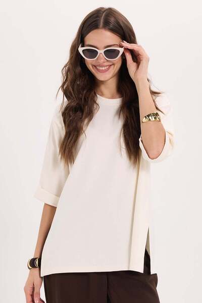 Tudors Women's Oversize Wide Cut 100% Cotton Slit Detailed Short Sleeve Crew ...