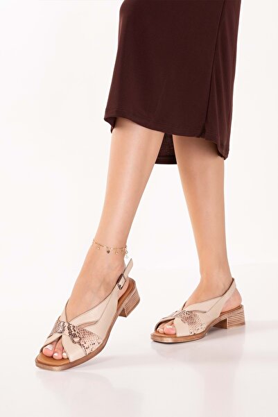 Gondol Women's Genuine Leather Short Heeled Daily Sandals Iz.10318 Beige Snake