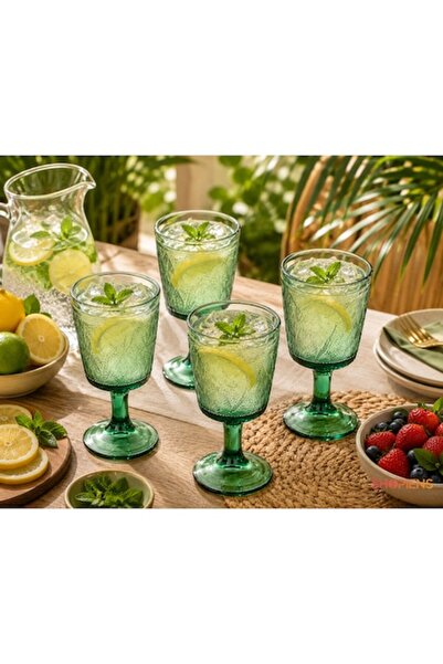 SHOPIENS Set de 4 pahare cu picior, cu model în relief cu frunze tropicale ve...