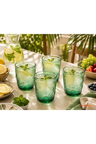 SHOPIENS Set de 4 pahare din sticlă verde tropicală cu frunze în relief, 300m...