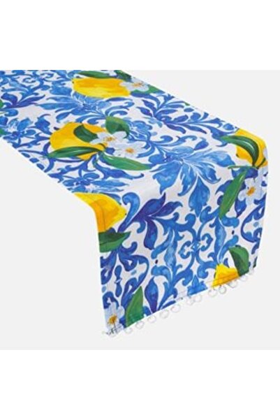 SHOPIENS Traversă de masă de vară albastră cu model cu lămâi 160 x 31 cm