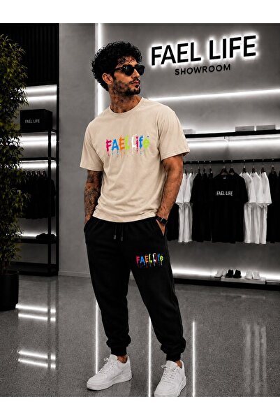FAEL LİFE Unisex Wide-Let T-Shirt and Sweatpants Colorful Feal Life Printed Set
