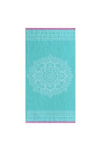 SHOPIENS Prosop de plajă din bumbac turcoaz cu model Mandala 75 x 150 cm